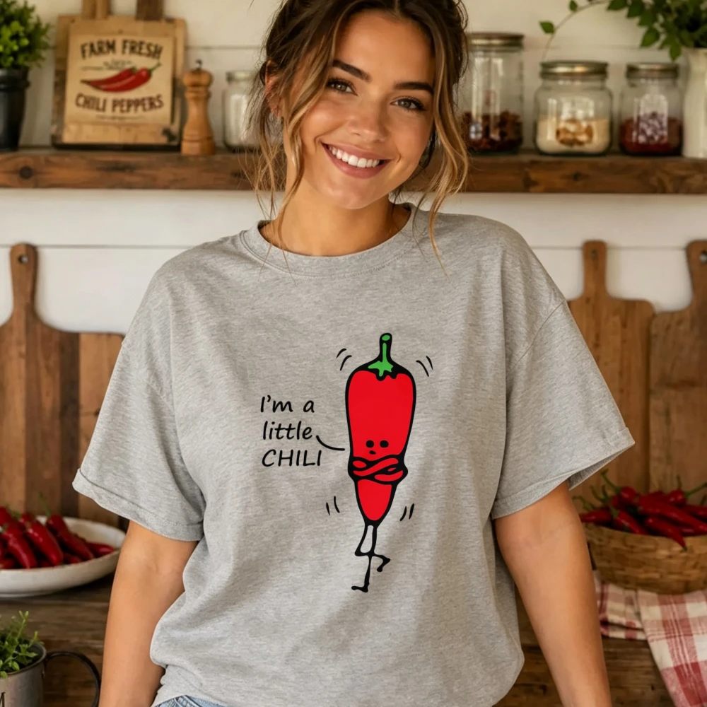 I'm A Little Chili Cute Anthropomorphic Red Pepper Stick Figure Cartoon Print Women T Shirt Fit Cotton Funny Slogan Casual Tees