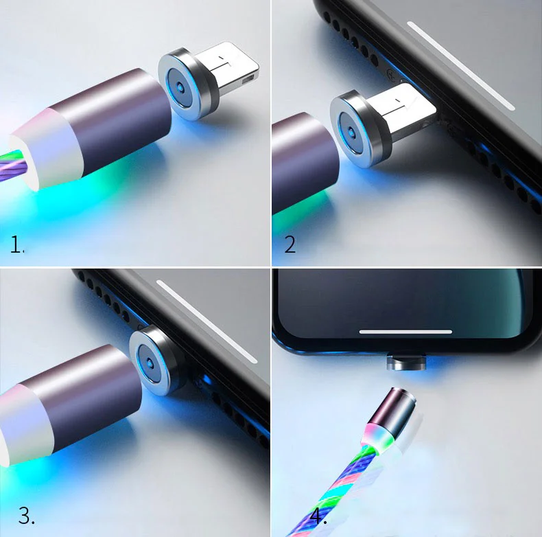 MVQF 2M Magnetic Flow Luminous Lighting Charging Mobile Phone Cable Cord Charger Wire For Iphone 14 Samaung LED Micro USB Type C