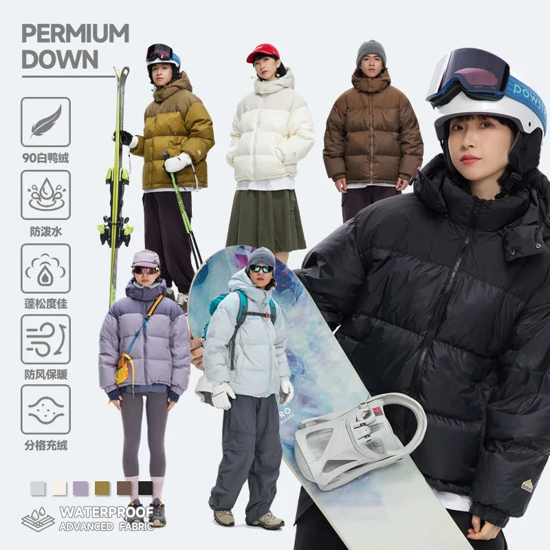 

90 White Duck Down Color Blocked Waterproof Hooded Warm Jacket Milard Couple Thick Bread Coat Outdoor Skiing Sports Stormsuit