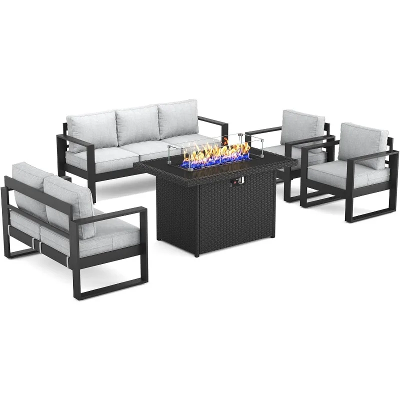 Outdoor Aluminum Furniture Set with Fire Pit Table - 5 Pieces Modern Patio Conversation Sets Metal Sectional Sofa Set