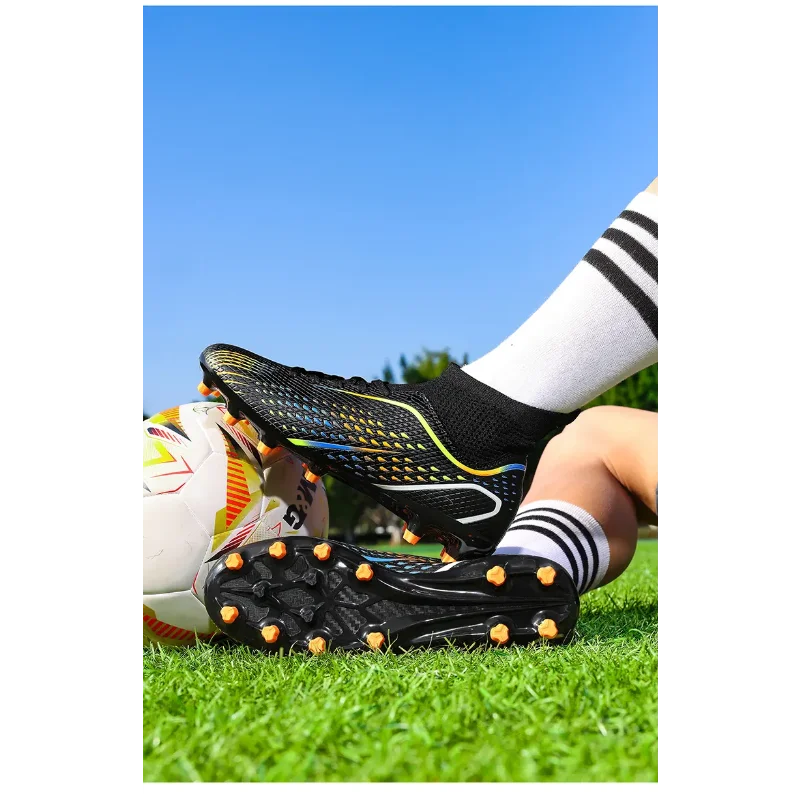 

Unisex Teen High Top Football Sneakers Shock Absorbing Cushion Sole Anti Slip Spikes Lawn Field Competition Training Shoes