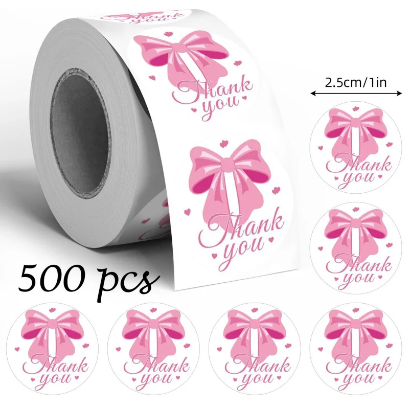 500 Stück rosa Schleifen-Dankeschön-Aufkleber, 2,5 cm, Doodle-Scrapbook, Geschenkverpackung, Verpackungsetiketten, Schreibwaren