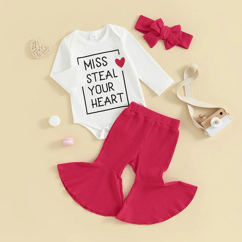 2023-10-17 Lioraitiin 0-18M Baby Girl Valentine s Day Outfit Letter Print Long Sleeve Romper Bell Bottom Pants with Handband Set