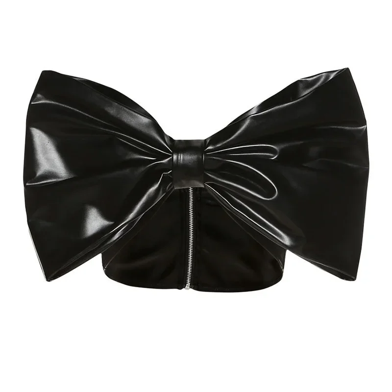 Biw القوس حزام تانك الأعلى المرأة قصيرة مفتوحة السري بو الجلود أكمام أعلى مثير حمالة كرو القمم الأزياء