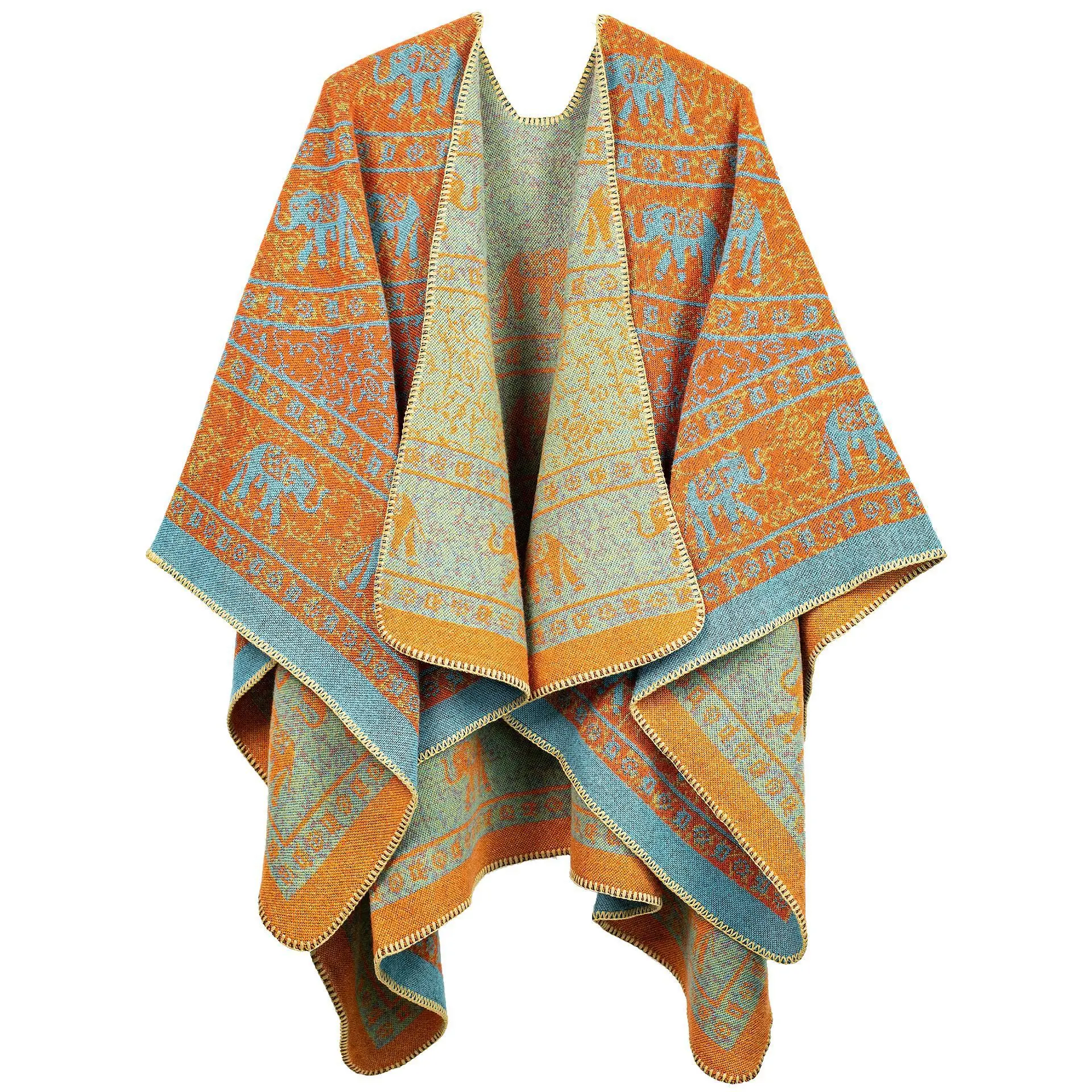 Poncho High end ethnic style elephant jacquard knitted acrylic shawl women's tassel Cape outer cloak travel photography Cloak