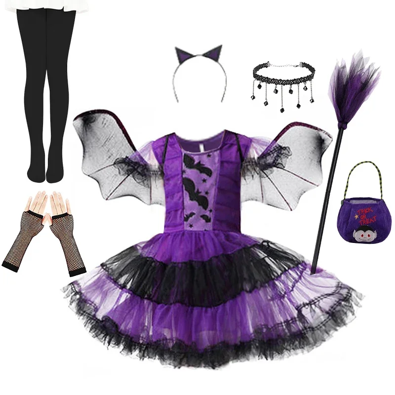 

2025 Halloween Witch Vampire Baby Girls Costume Children Cosplay Princess Dresses Dress Up Carnival Party Clothing with Headband