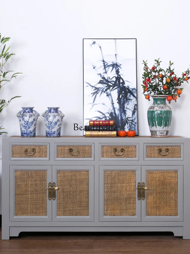 Modern new Chinese-style solid wood four-door four-draw mat surface painted antique entrance cabinet