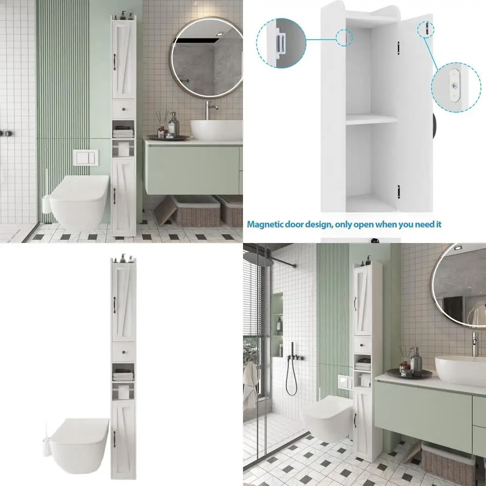 

Компактный высокий шкаф для хранения в ванной комнате с регулируемыми полками, 2-дверным шкафом, ящиком и держателем для туалетной бумаги, белый