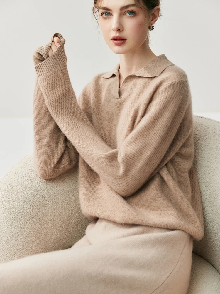 Women's Autumn Winter 100% Cashmere Sweater Polo V-Neck Pullover Simple Elegant Basic Casual Knit Top