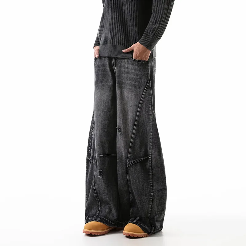 الكورية الرجعية زائد حجم ممزق الجينز الرجال واسعة الساق السراويل المنحنية المألوف عارضة فضفاض مستقيم الساق السراويل