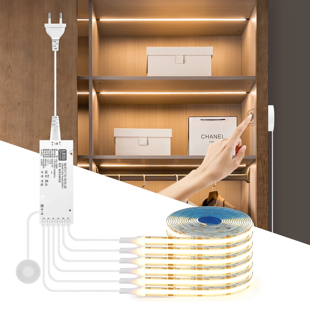 

Dimmable LED Cabinet Light COB Strip Kitchen Shelf Pantry Showcase Bedroom Closet Backlight Lamp Hand Touch Motion Sensor Switch