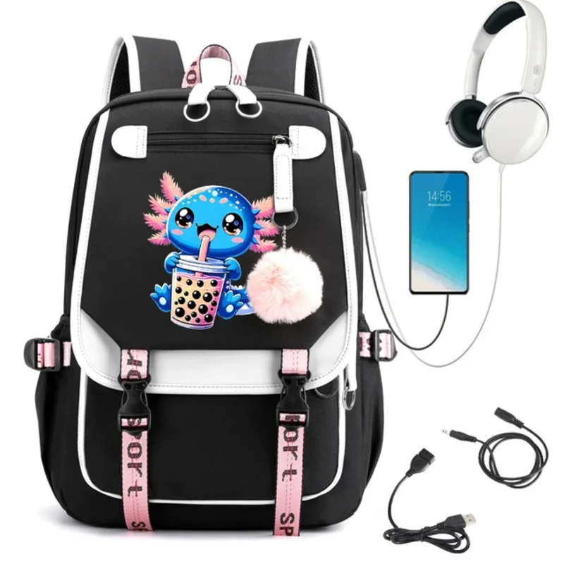 Backpack Bag for Girls Schoolbag Boba Axolotl Bubble Tea Cartoon Children Girls Waterproof Anime Bookbag Backpacks Usb Daypack