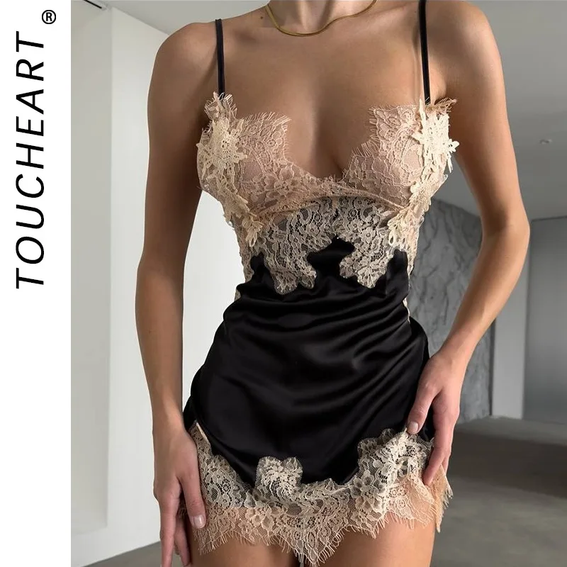 

Toucheart Hot Sleeping Skirt Sling DeepV Lace Contrast Color Slim Plunge Embroidery Floral Interesting Romantic Delicate Pajamas