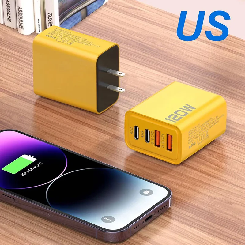 120W Fast Charging Charger Dual USB-A Dual Type-C Port Multi Ports Wall Charger Universal Phone Power Adapter For iPhone Huawei