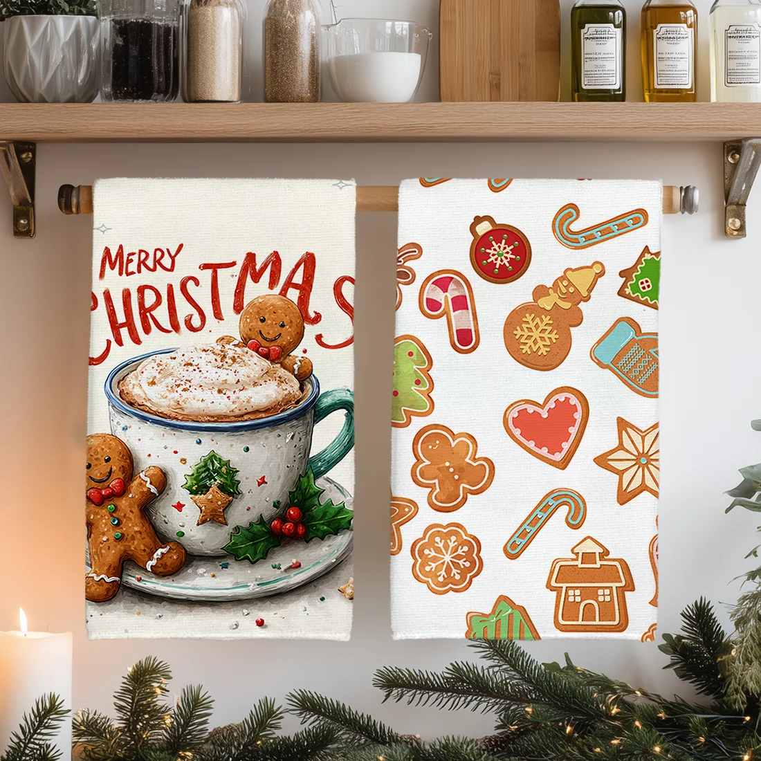 2PCS Christmas Gingerbread Man Kitchen Towel Dish Cloths Holiday for Kitchen Towel Christmas Decoration 40x60cm