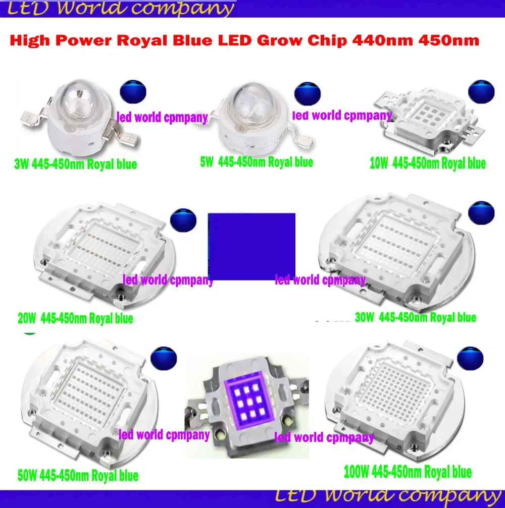 High Power Royal Blue LED Grow Chip 440nm 450nm 1W 3W 5W 10W 20W 30W 50W 100W COB LED Emitter Bulb for DIY LED Plant Grow Light