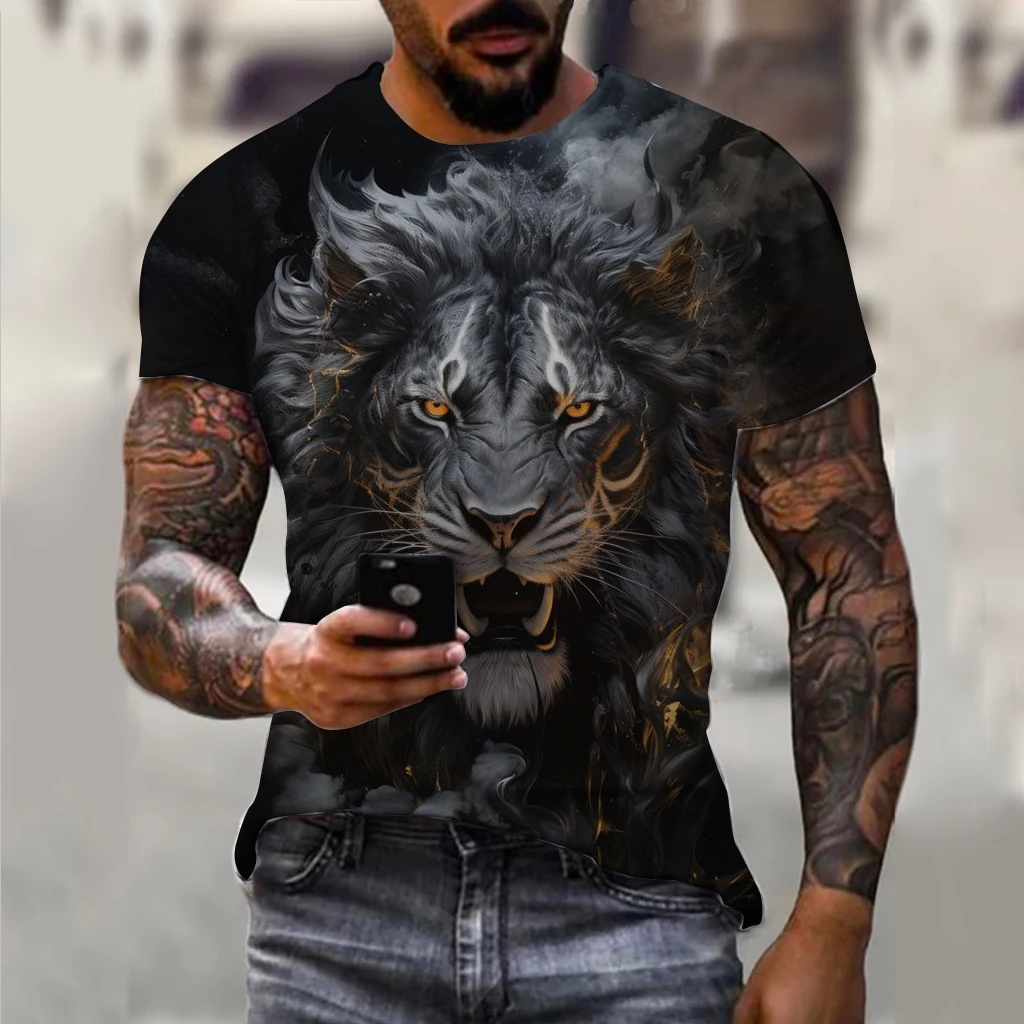 Men 3D Pattern Fire Wolf Graphic Print T-Shirt Summer Oversized Causal T-Shiet Men's Fashion Fitness Short Sleeve Clothing Tops