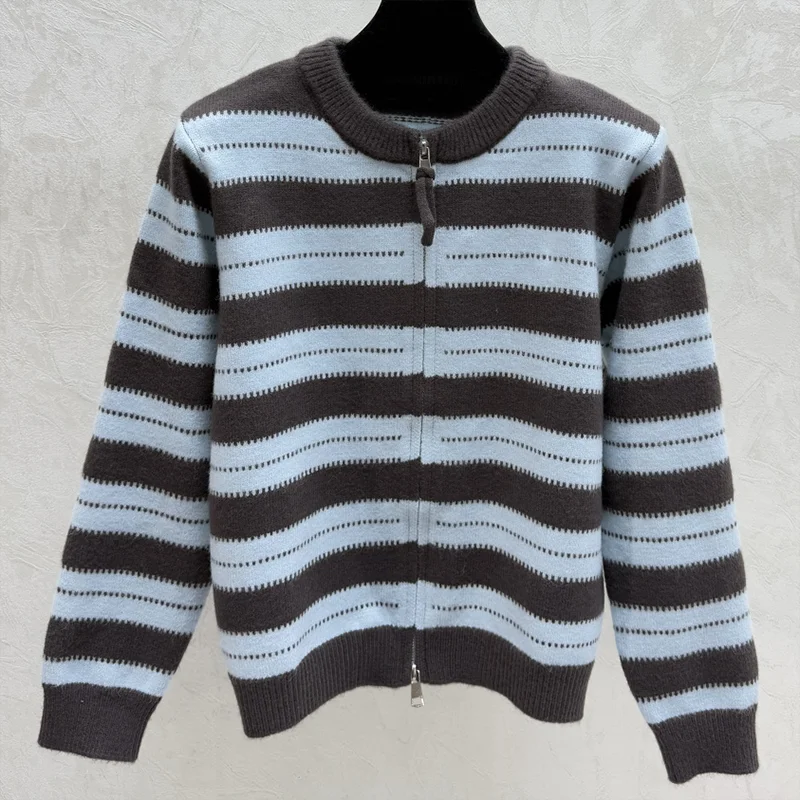 

High quality color-blocked striped women's zipper cardigan with round neck sweater for autumn and winter 2512068139