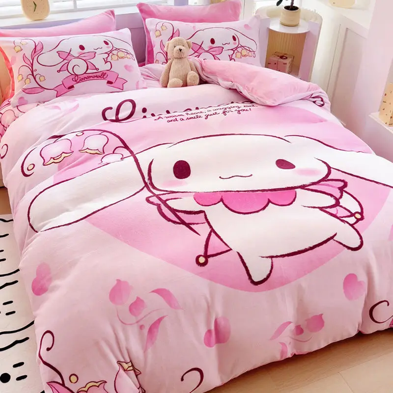 Новый Hello Kitty My Melody Cinnamoroll с мультяшным принтом, осенне-зимний комплект простыни и пододеяльника для спальни в общежитии
