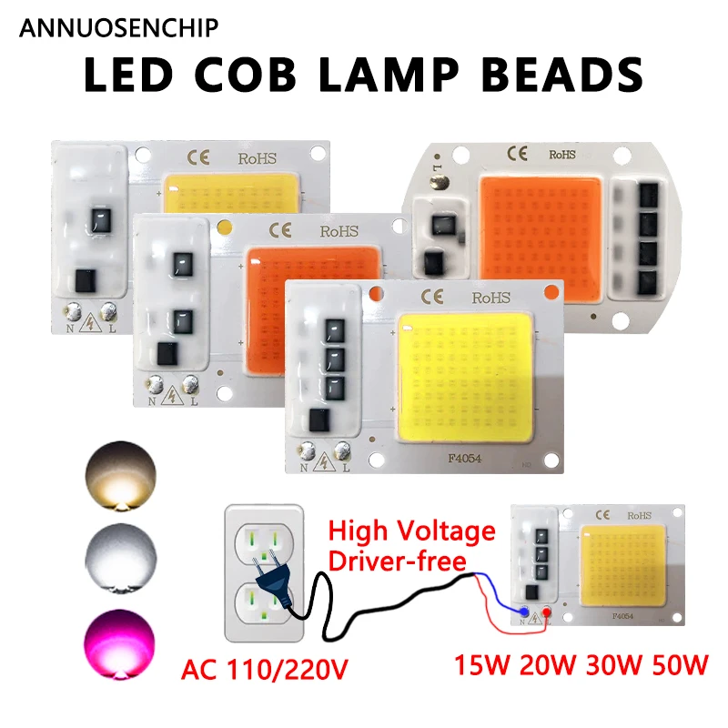 AC 220V LED Chip 10W 20W 30W 50W 110V COB Lamp Bead High Voltage Driver-Free Warm Cool White Full Spectrum for Grow Flood Light