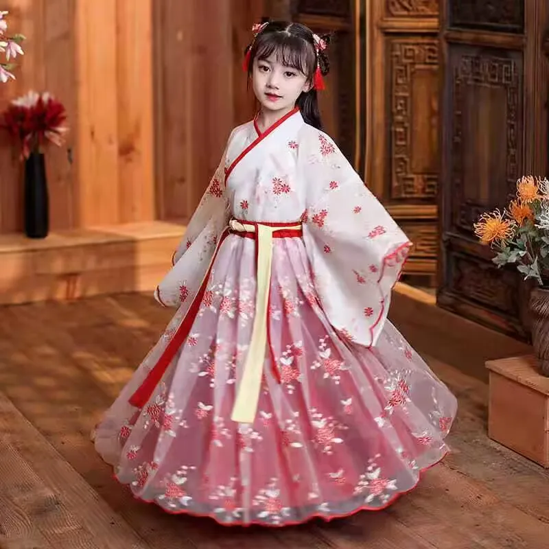 Novo hanfu meninas primavera outono criança traje vestido flor menina flor flor de cerejeira tang princesa vestido tradicional estilo chinês crianças