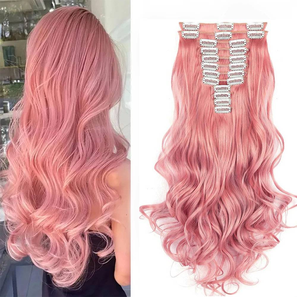 

12pc/Set 22inch Long body wave Curly 22-Clip-In Hair Extension Synthetic Thick Hairpieces for Women cosplay party Hair Piece Wig