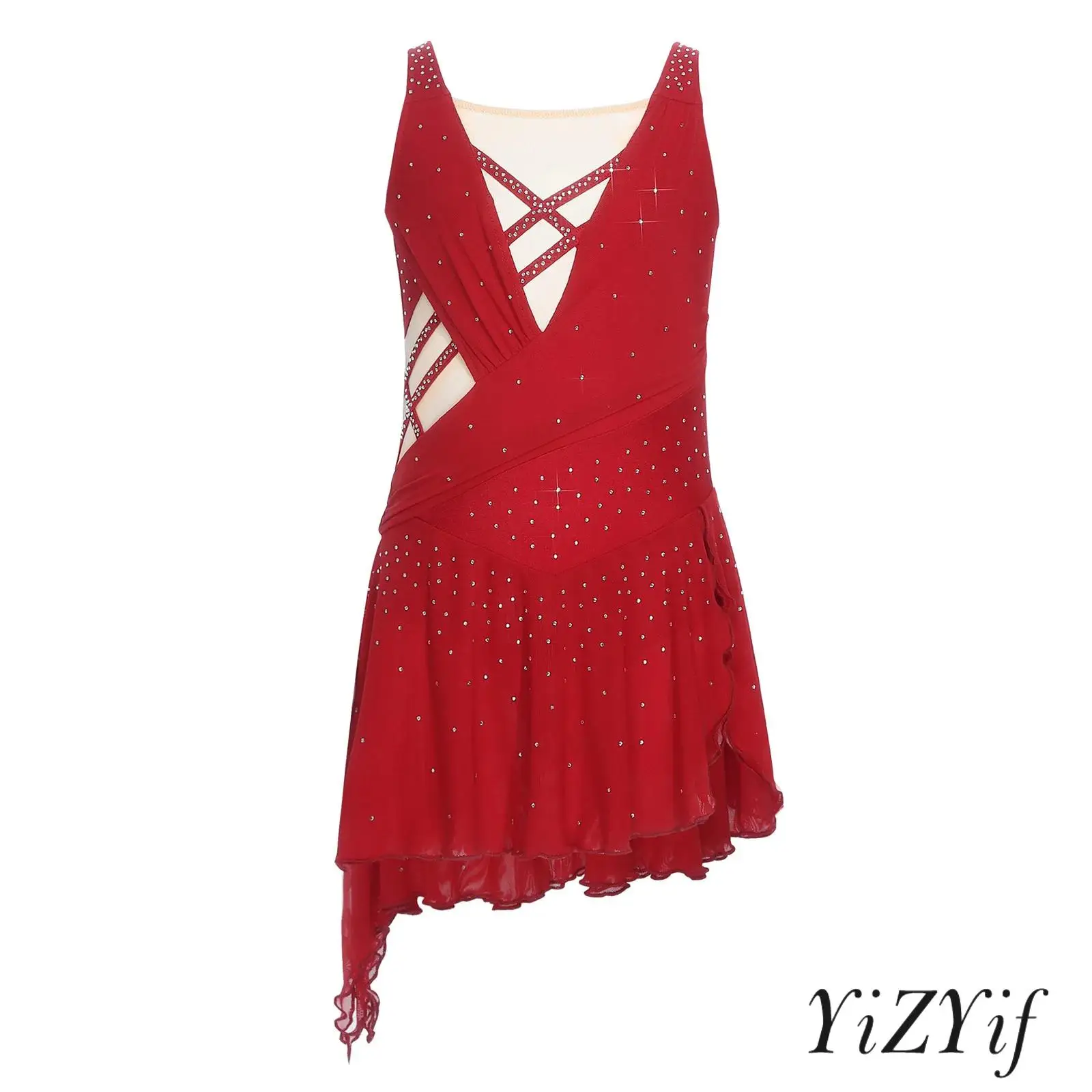

Girls Ballet Dress Sheer Mesh Patchwork Sleeveless V-Back Side Slit Dresses Lyrical Gymnastics Dance Costume for Ice Skating