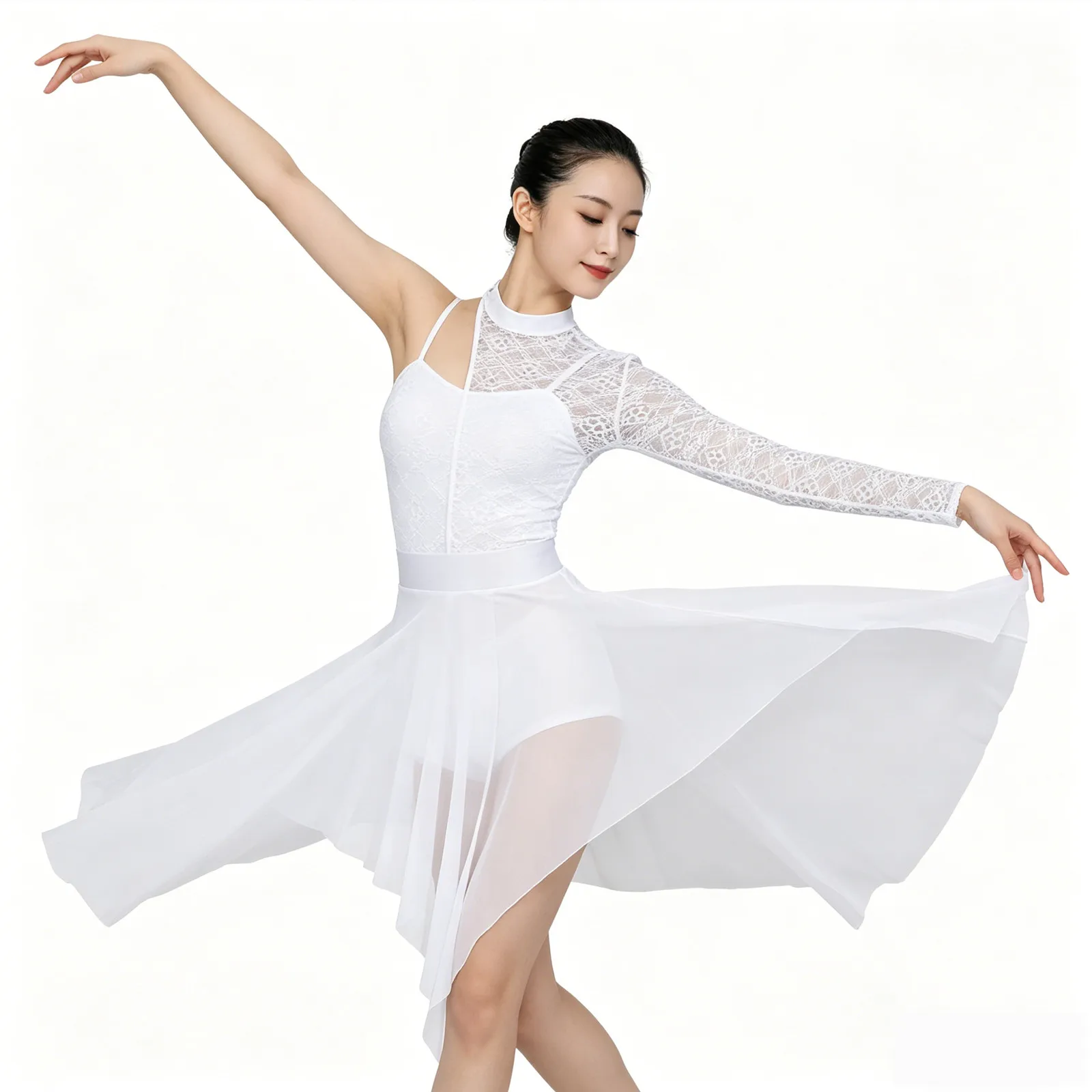 Womens Gymnastics Figure Skating Ballet Jersey Lyrical Latin Jazz Dance Costume Sheer Lace Split Mesh Tutu Dance Leotard Dresses