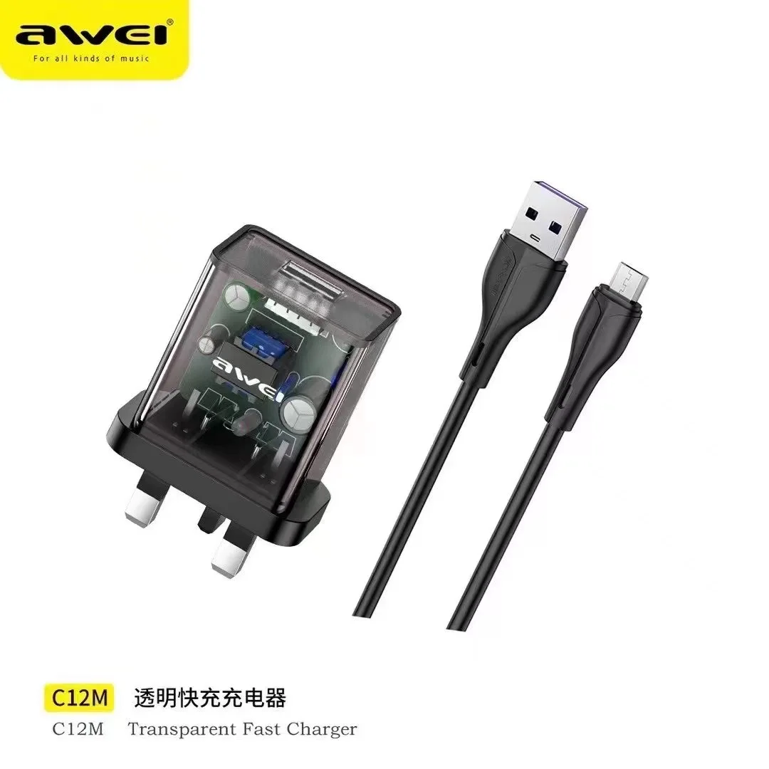 Awei US/UK Plug Mini Travel Charge Adapter With 1M Charging Cable for iOS and Android Mobile Phone Fast Charging Charger 2023NEW