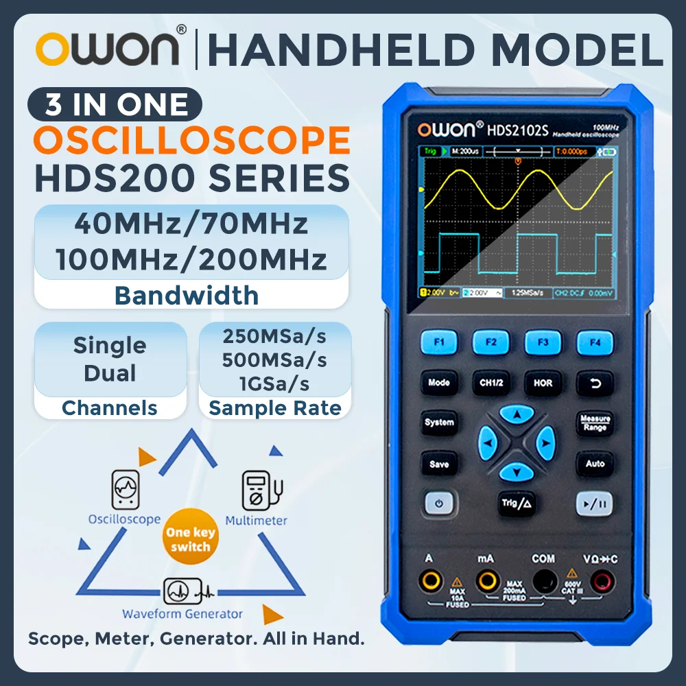 OWON HDS200/HDS2000 Series Handheld 3-in-1 Digital Oscilloscope, Signal Generator, Multimeter | 100MHz Bandwidth, 2 Channels
