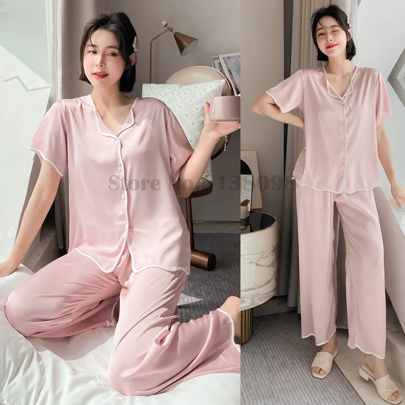 

Summer Women's Ice Silk Pajamas Suit Short Sleeved Cardigan Top Trousers 2PCS Casual Wear Senior Sense of Leisure Home Clothes