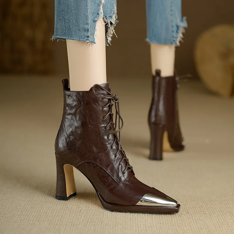 2024 Jesienne buty damskie Square Toe High Heel Women Leather Shoes Women Suede Ankle Boots Winter Solid Elegant Modern Boots