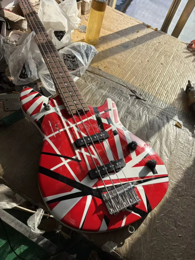 Customized 4-string bass, rosewood fingerboard, red, white and black stickers, real scene photos, free delivery
