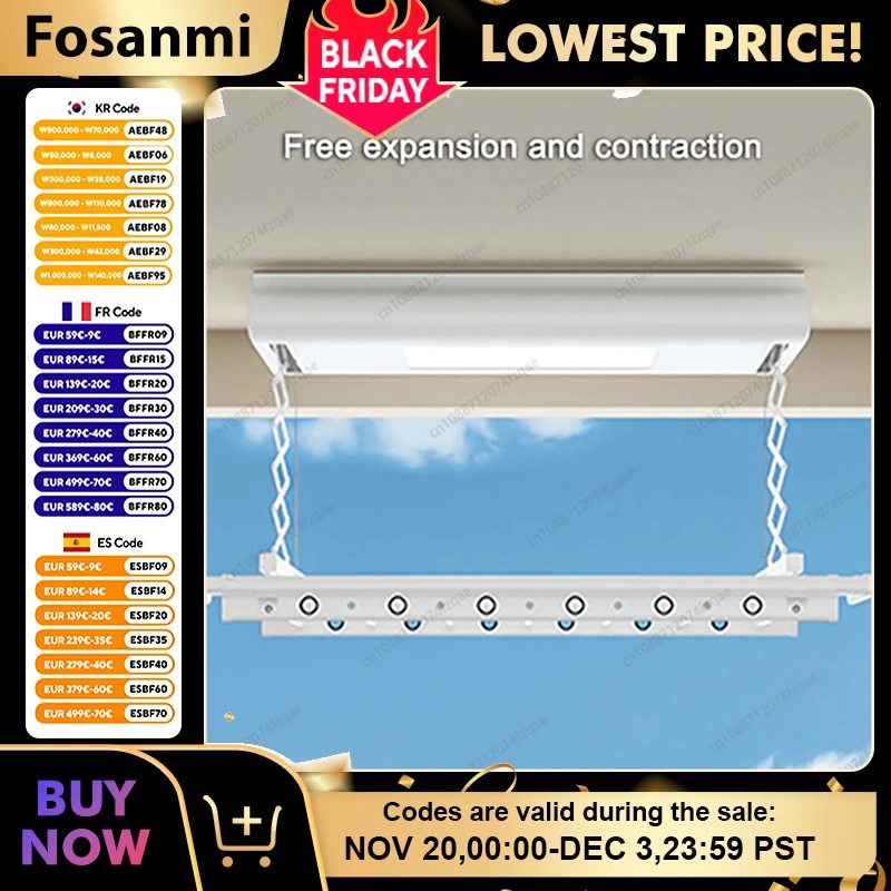 رف تجفيف الملابس الذكي الصغير الحجم للتحكم عن بعد قابل للسحب وقابل للطي ومحرك بتيار مستمر وإضاءة LED رف تجفيف الملابس