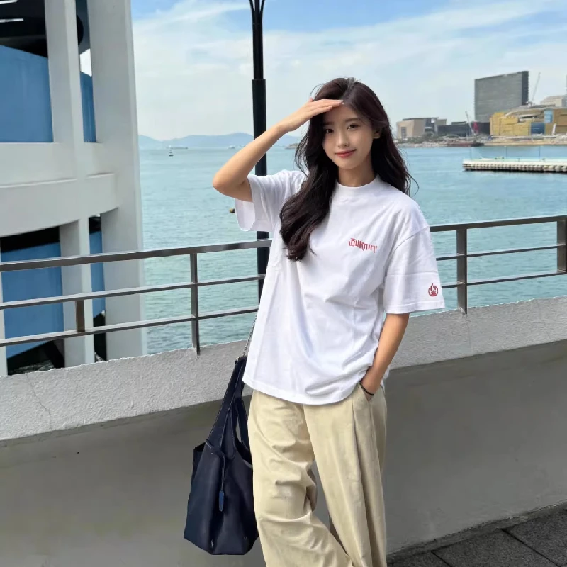 Heavyweight Pure Cotton Korean Retro Flame Embroidery Short Sleeve T-Shirt Couple Style Summer Casual Trendy Men's Top