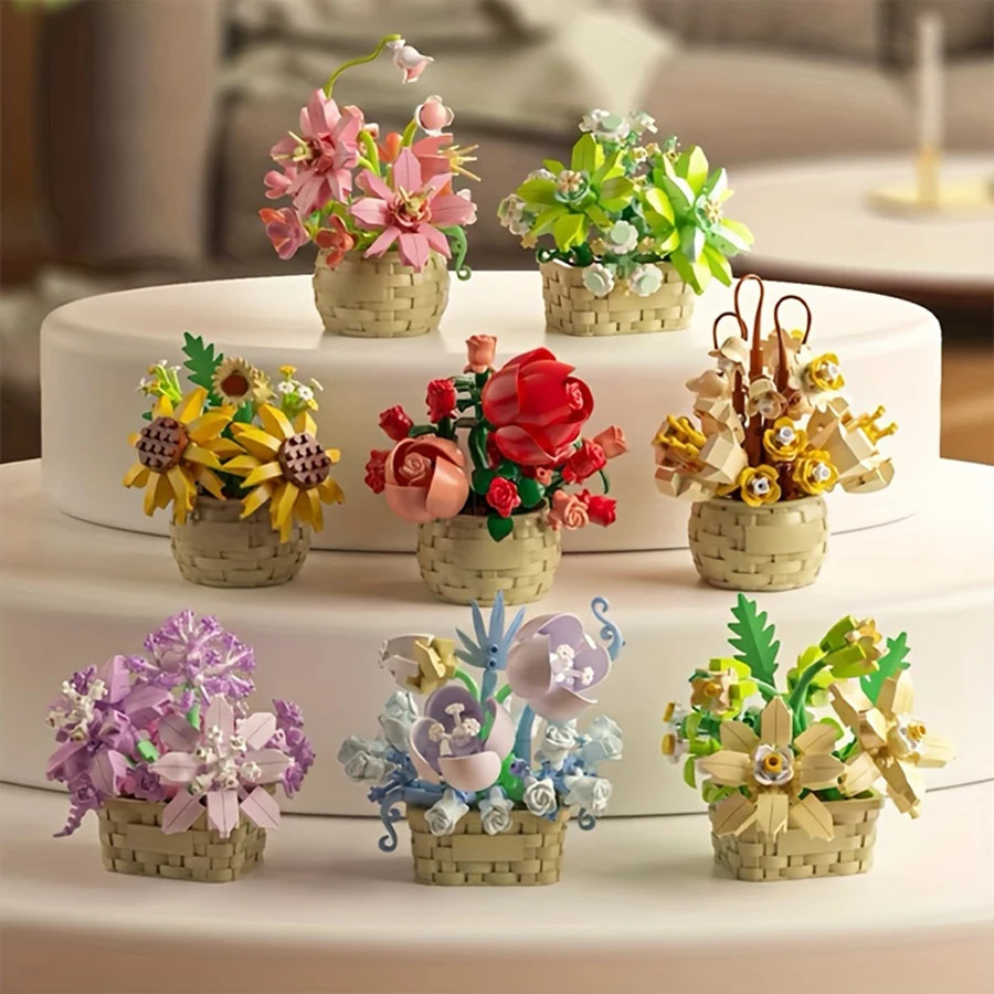 Beautiful potted flower building blocks - ABS resin bonsai. Cute little potted flowers and beautiful desktop decorations.