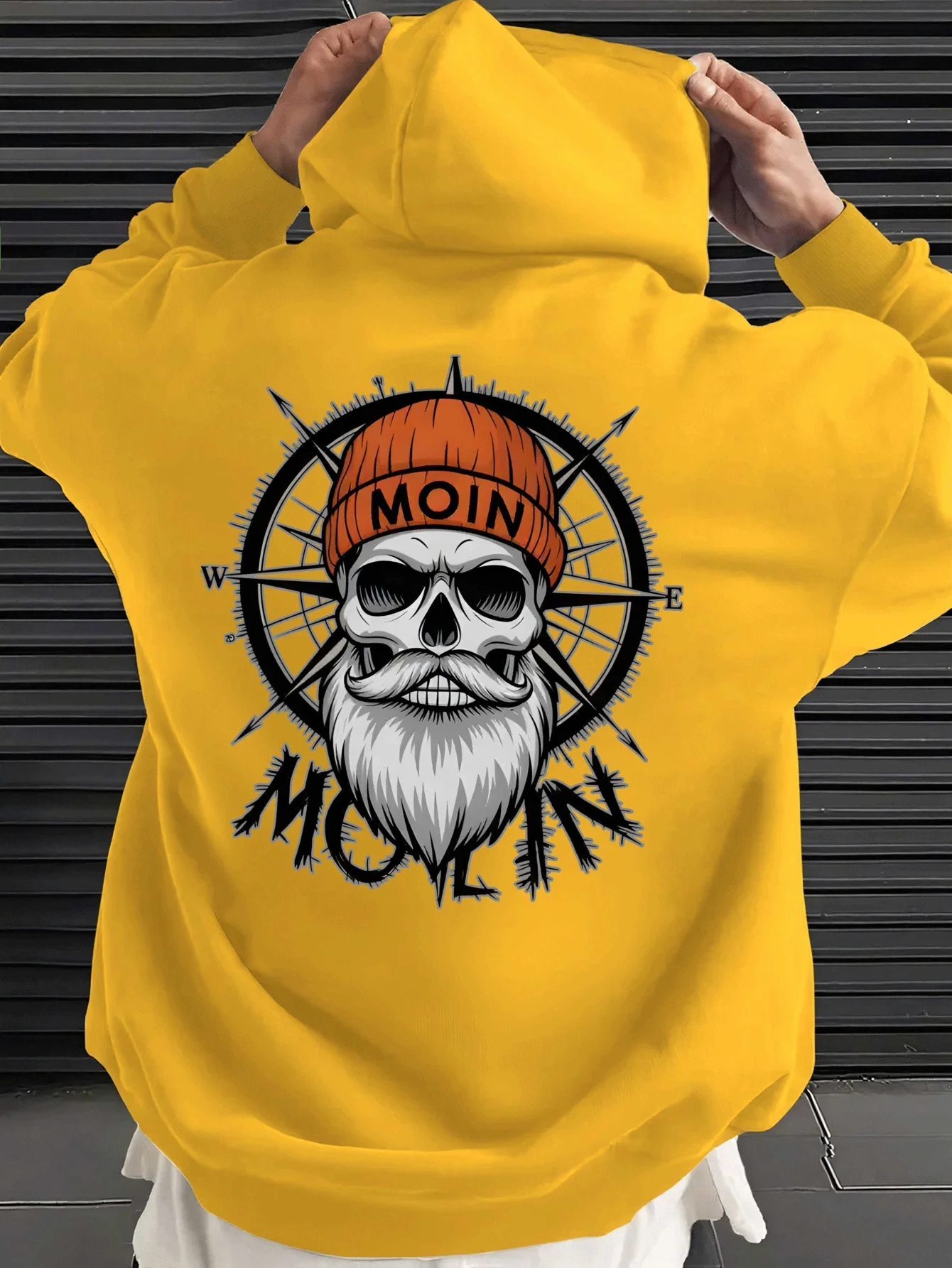 Men Hoodie Vintage Nautical Compass Beard Skull Moin Print Pullover Sweatshirt Gothic Streetwear Long Sleeve Hooded Tops