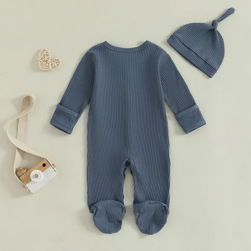 Baby Boy Footie Romper Casual Letter Print Long Sleeve Jumpsuit and Cute Hat Set for Infant Toddler Fall Outfit