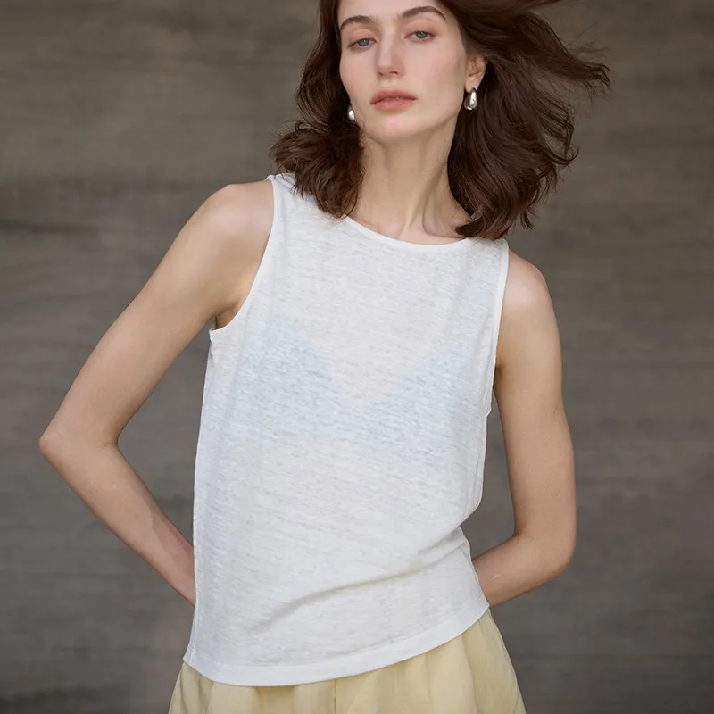 Damski cienki top na ramiączkach z dzianiny konopnej, jednolity kolor, letni, okrągły dekolt, bez rękawów, nowy, oddychający, biały.