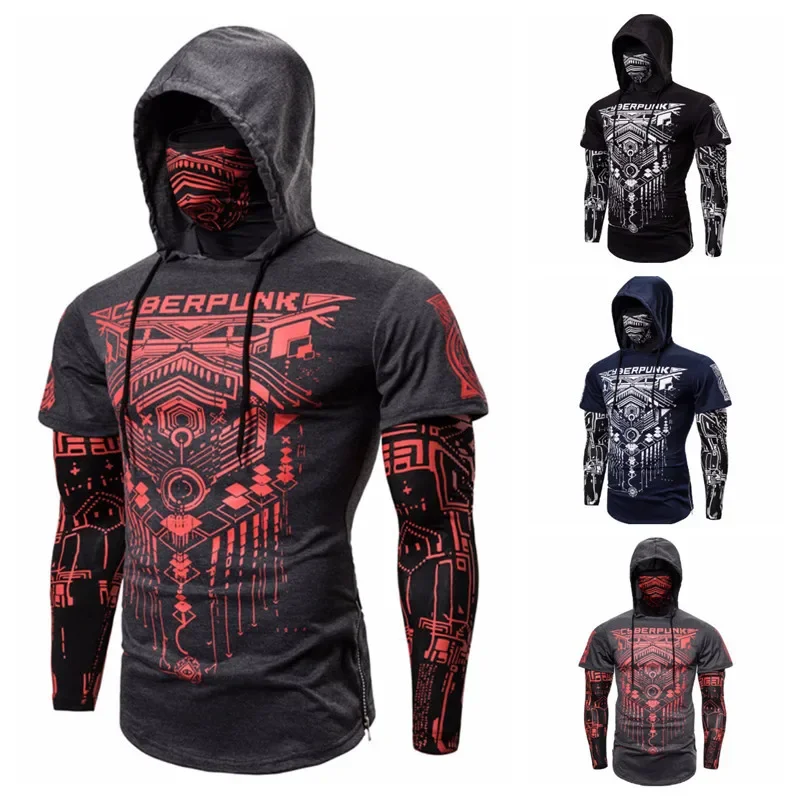 Men's Fashion Leisure Elastic Fitness Leave Two Piece Hooded Long Sleeve T-shirt Cycling Print T-shirt