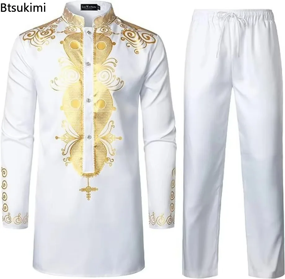 2025 African Men's Casual Printed Two Pieces Fashion Stand Collar Gold Stamping Top and Pants Sets Men Ethnic Style Muslim Suits