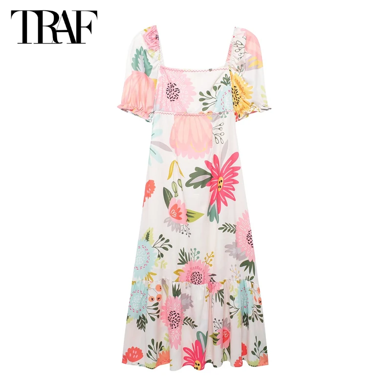 

TRAF 2024 Print Maxi Dresses for Women Summer Backless Dress Woman Puff Sleeve Party Dress Women Holiday Beach Womens Dresses