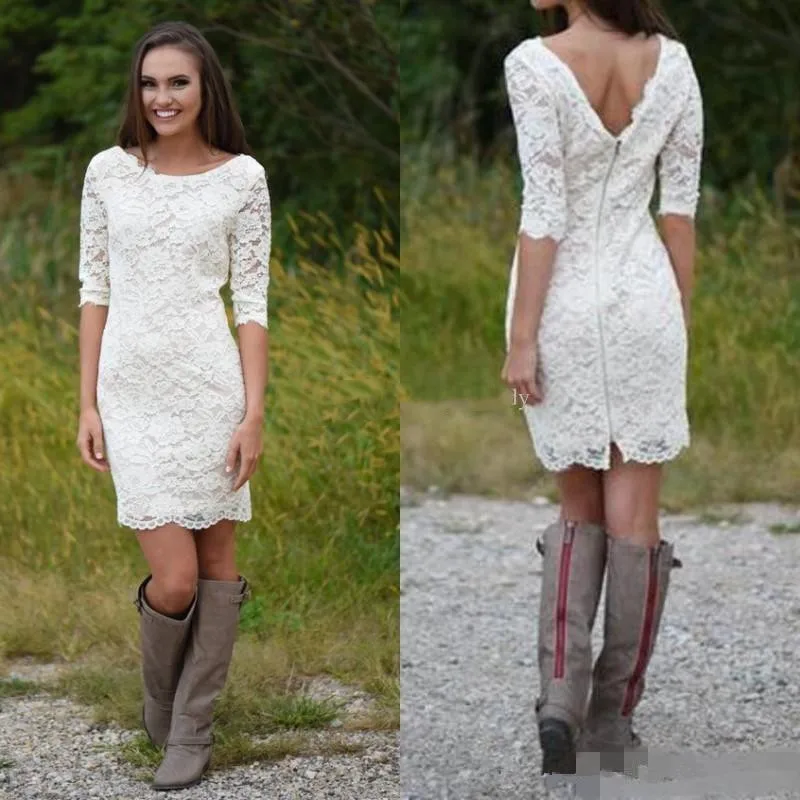 Bohemian Short beach Wedding Dresses with Sleeves Retro lace Knee-length Western Cowgirl Country Wedding Gown customsized