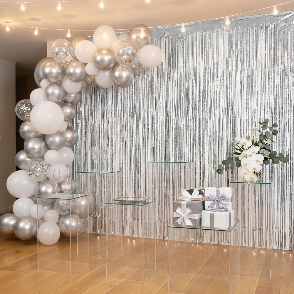 Metallic Silver Fringe Curtain Pack 12 Units for Party Decoration Backdrop Setup for Birthdays Showers and Social Gatherings