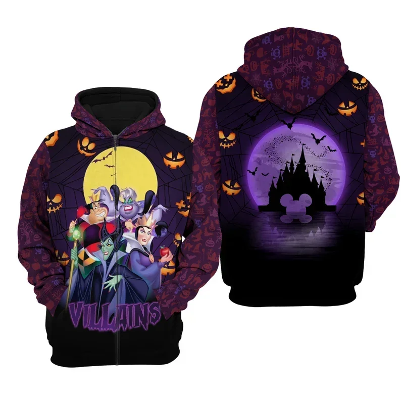 2024 Disney Villains Halloween Purple Black All Over Print Fleece Pullover Zipped Up Hoodies Unisex Outfits Men Women Hoodie