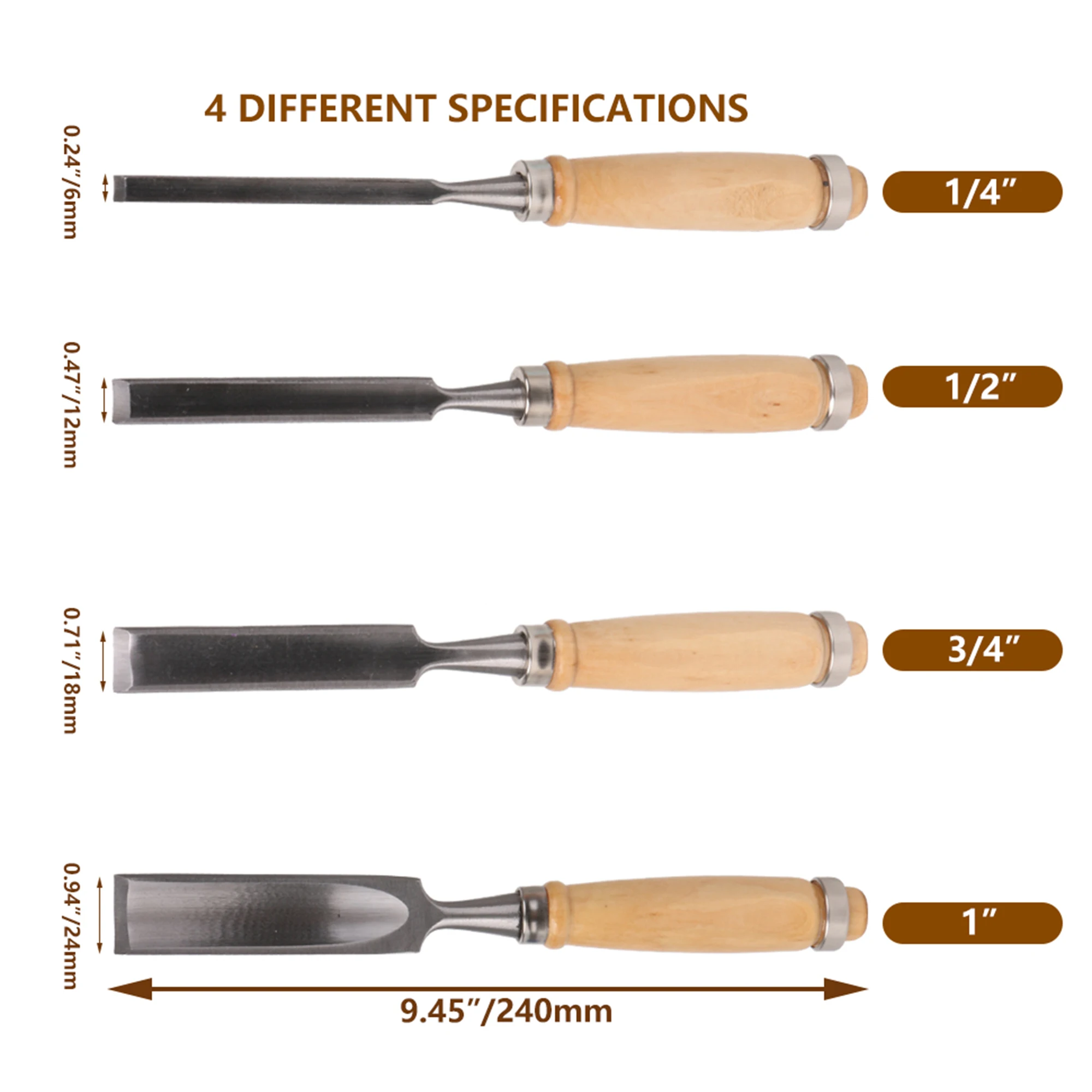 CNBTR Wood Color Carving Firmer Gouge Wood Chisel Set DIY Woodworking Handle Carpentry Tools Pack of 4