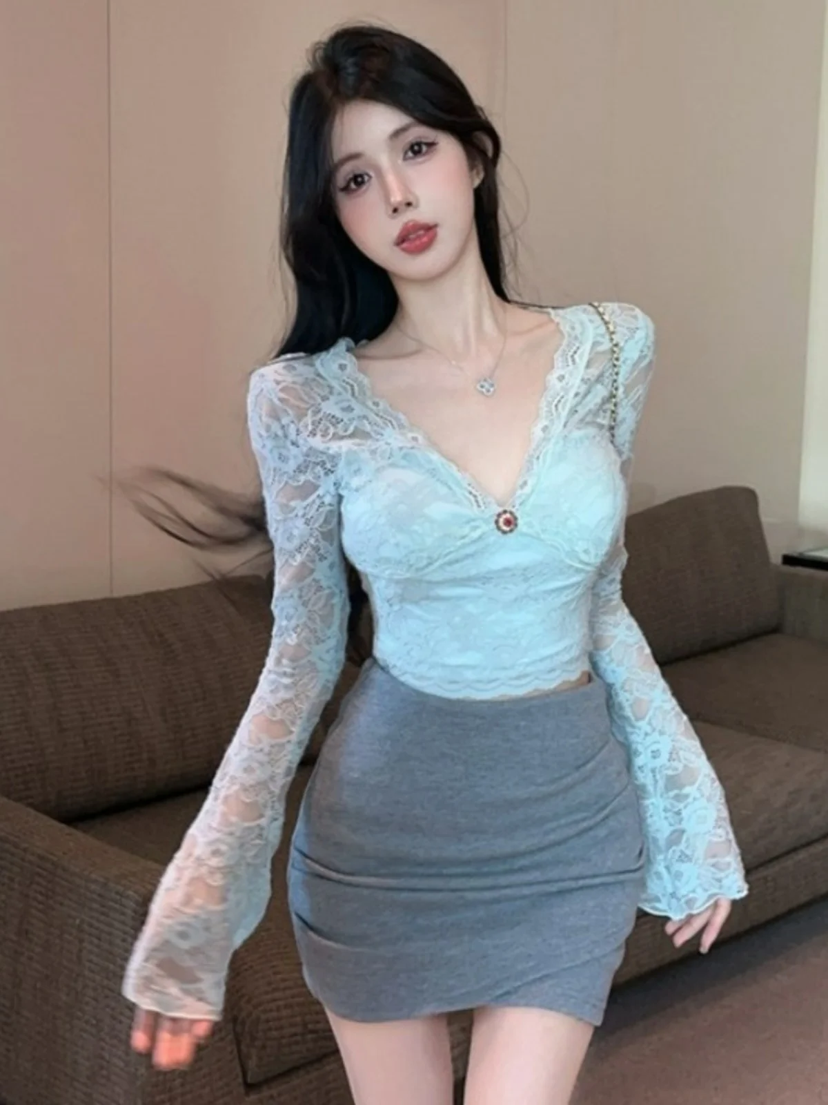 Ele Lace Crop Top And High Waist  Skirt Set Beautiful Sexy Two Piece Outfit for Autumn Faionable Sister Sle