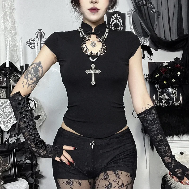 IMU Vintage Fashion Cheongsam Style Short Sleeve Crop Tops Mall Gothic Hollow Out T-shirts Teachwear Casual Slim T-shirt