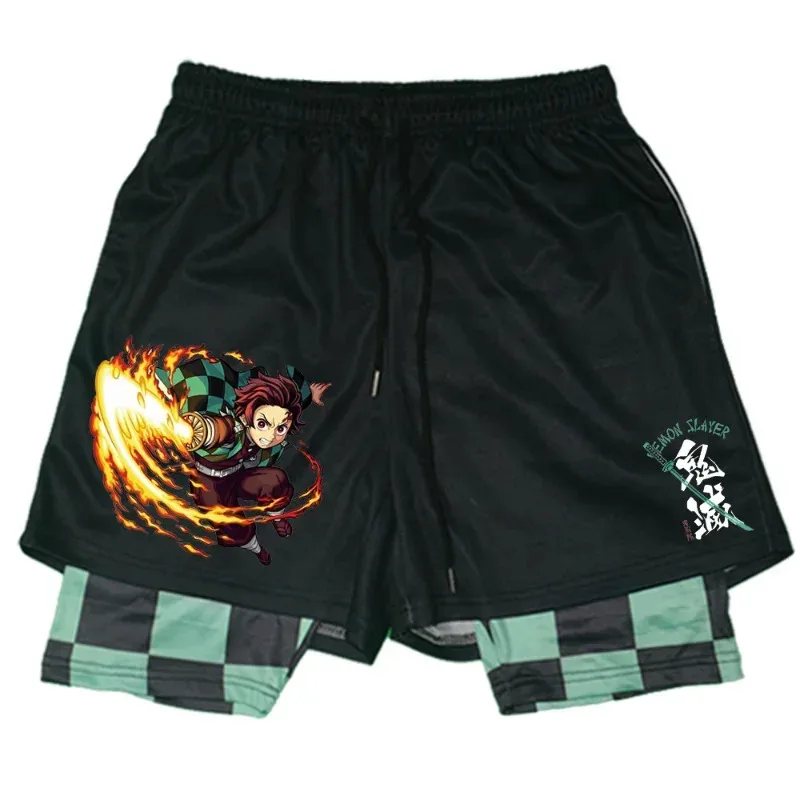 Cosplay Demon Slayer Hashibira Inosuke pantalones cortos deportivos hombres 2 en 1 pantalones cortos para correr Anime Cosplay transpirable Casual Beac Anime