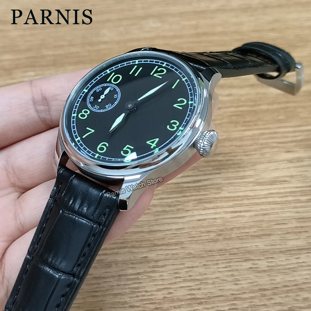 

Parnis 44mm 6497 Hand Winding Movement Black Dial Men Watch Stainless Silver Case Small Second